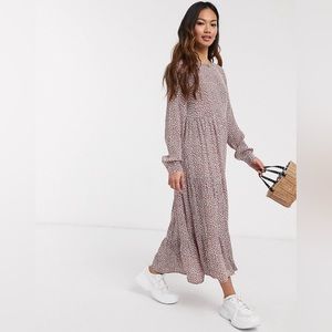 Pieces Floral Print Viscose Midi Smock Red Dress Size Large